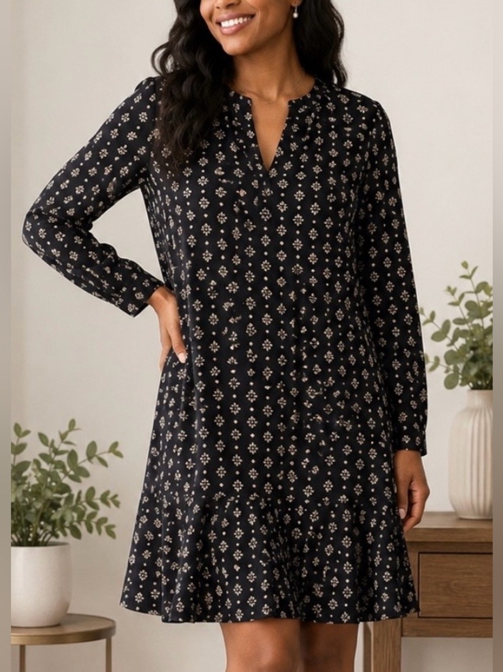Joie 100% Silk Black & Ivory Print Drop Waist Mini Dress Long Sleeve  Sz 10-12